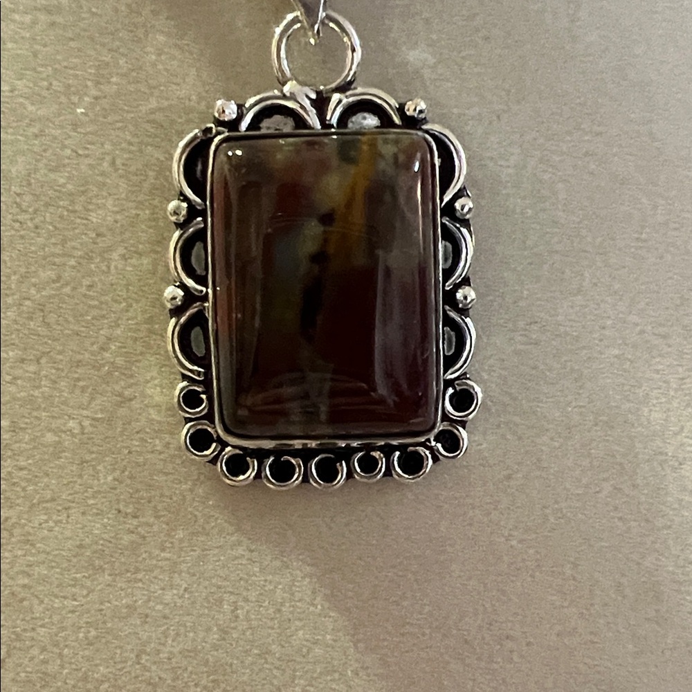 Silver-Frame Rectangular Agate Stone Pendant Necklace